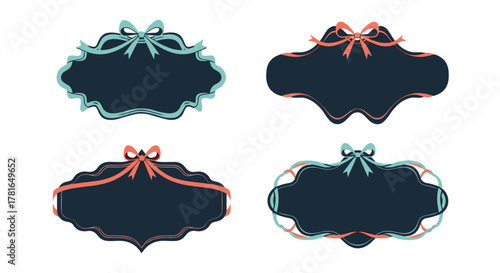 Set of four vintage-style dark blue decorative labels with elegant ribbon accents in teal and coral colors, perfect for classic design elements.