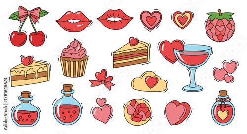 Cute collection of Valentine's Day themed illustrations including cherries, lips, hearts, cakes, drinks, and love potions.