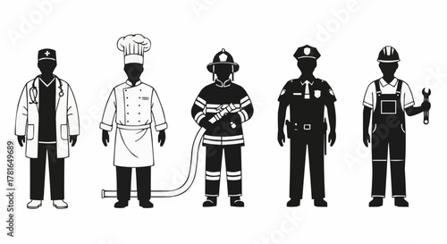Diverse professions represented by silhouettes of workers in uniform.