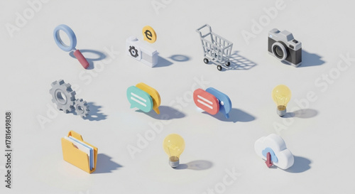 Isometric icons set includes magnifying glass, piggy bank, shopping cart, camera, gear, speech bubble, light bulb, folder, car