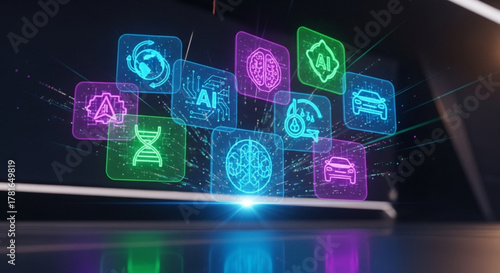 Futuristic technology concept featuring glowing icons representing artificial intelligence, machine learning, and automation on a digital interface, showcasing innovation and progress