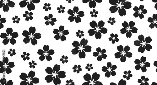 A classic and elegant seamless black and white floral pattern featuring scattered cherry blossoms, perfect for textile designs and backgrounds.
