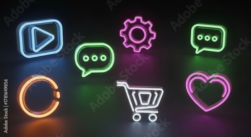 Neon icons on a dark background, including play, gear, speech bubble, circle, shopping cart, and heart, representing modern communication, settings, and online shopping