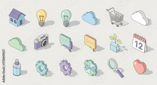 Isometric icons, including house, light bulb, cloud, shopping cart, camera, speech bubble, plant, calendar, bottle, gear, magnifier, and heart