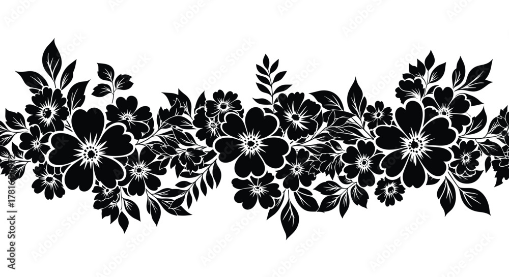 Fototapeta premium Elegant black and white floral border featuring a continuous design of detailed flowers and leaves, perfect for decorative elements and seamless patterns.