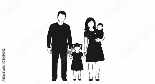 Family portrait of parents and children standing together in silhouette.
