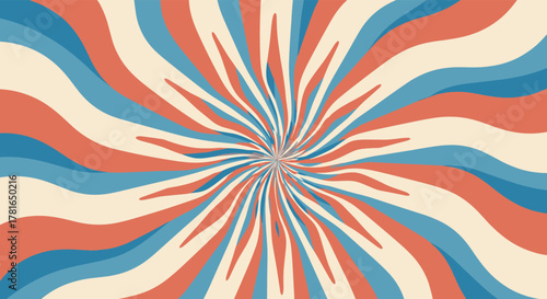 Vibrant abstract psychedelic pattern with swirling radial stripes in retro cream, blue, and terracotta, creating a dynamic vintage background.