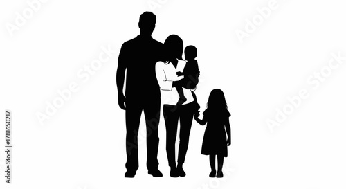 Silhouette of a happy family with two children standing together.