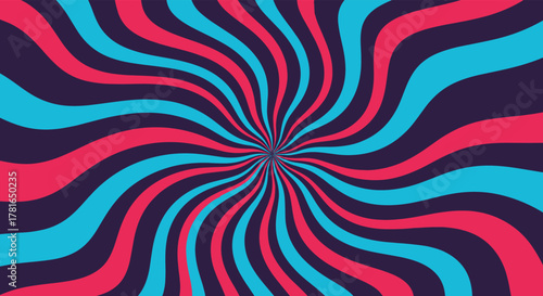 A vibrant and eye-catching abstract background featuring swirling cyan and red stripes that create a dynamic and hypnotic optical illusion from the center.