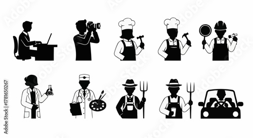 Collection of black silhouettes representing various professions and jobs.