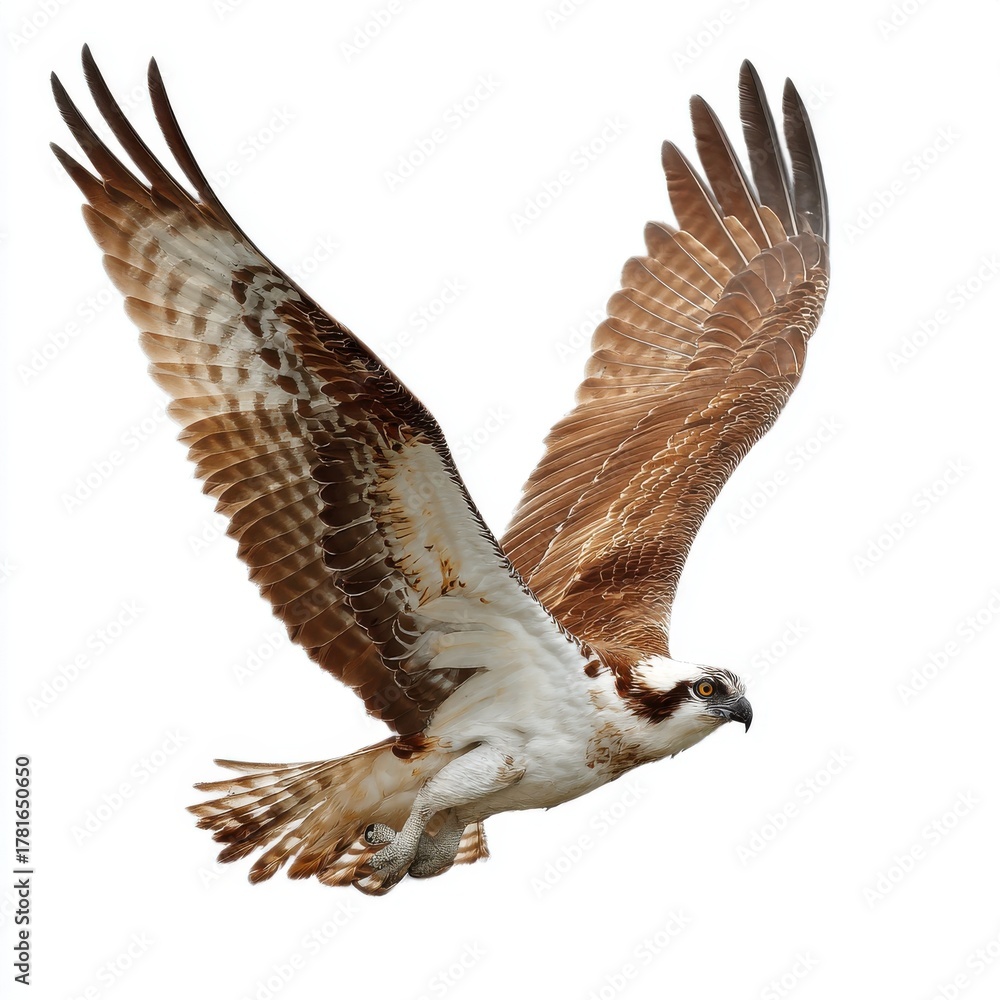 Fototapeta premium Brown and White Osprey in Flight Against White Background