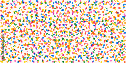 Confetti seamless pattern. Random little rounds and stars elements seamless pattern. Colorful confetti pattern with texture and transparent effect.