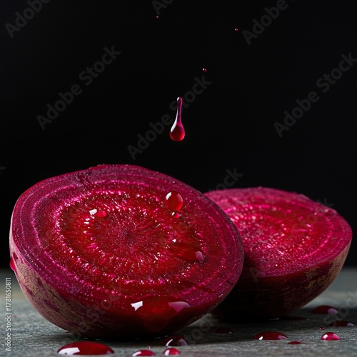 Close up macro shot of fresh sliced raw red beets showing the vibrant color and dripping moisture, ready for healthy juicing preparation ,juice ,cut ,red