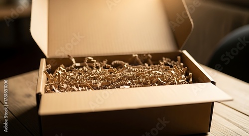 An open cardboard box filled with golden shredded paper filler on a wooden table.