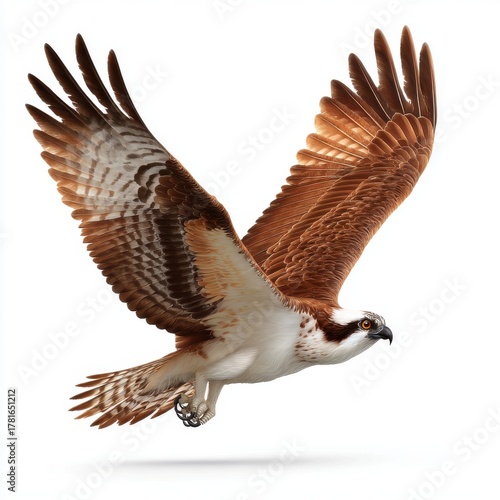 Brown Osprey in Flight Against White Background