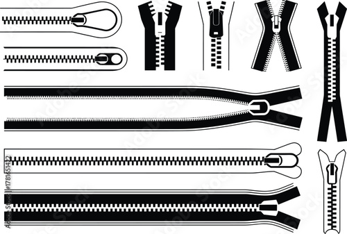 Zipper illustration set, black and white garment fastener icons, stylized textile closure graphics, fashion hardware silhouettes, zipper component design elements