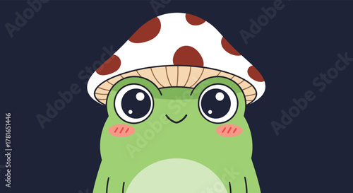 Adorable cartoon frog with rosy cheeks peeking out from under a spotted mushroom hat against a dark background.