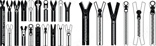 Zipper illustrations, black and white zipper icons, fashion accessory graphics, textile fastener designs, stylized garment closures, zipper pull tabs, clothing hardware art