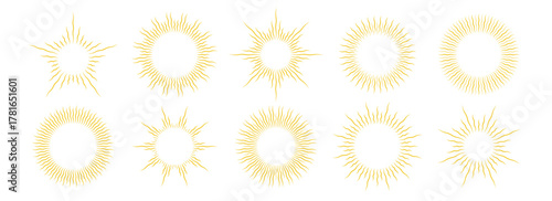 Gold wavy sunburst frame set. Golden curly radial sun light border collection. Retro royal sun beams or rays pack for cadre, decor, mirror, label, badge, emblem. Vector yellow vintage round boarders