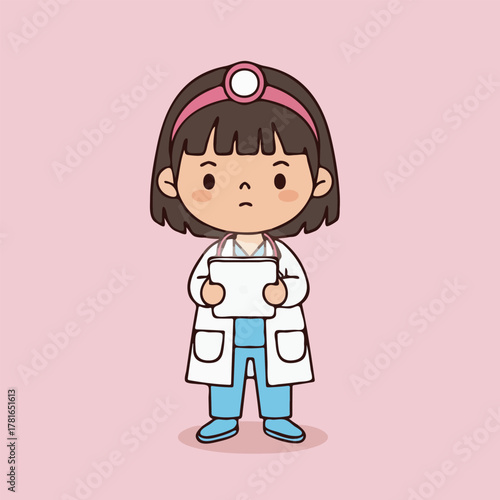 Adorable cartoon female doctor with head mirror and clipboard.