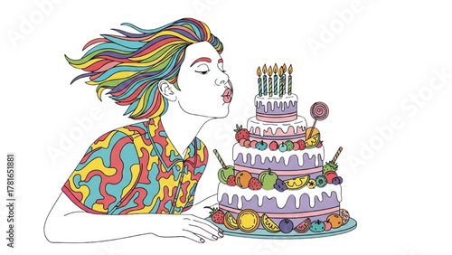 High-quality black outline continuous colorful art of person leaning over cake and blowing candles, clean minimal composition on white background