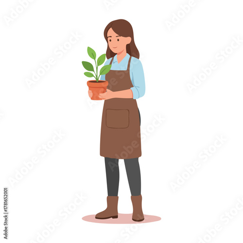 Woman Holding Potted Plant Wearing Apron Gardening Concept.