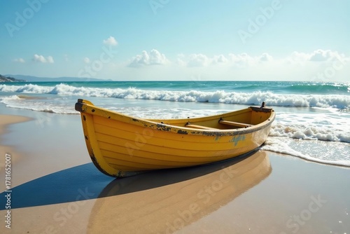 Weathered Plastic Rowboat Rocking Gently on a Sun-Drenched Beach, a poignant image depicting the environmental impact of plastic pollution on coastal ecosystems.