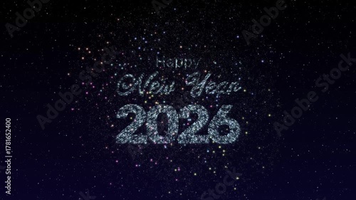Happy New Year 2026 animation with festive fireworks on starry night sky