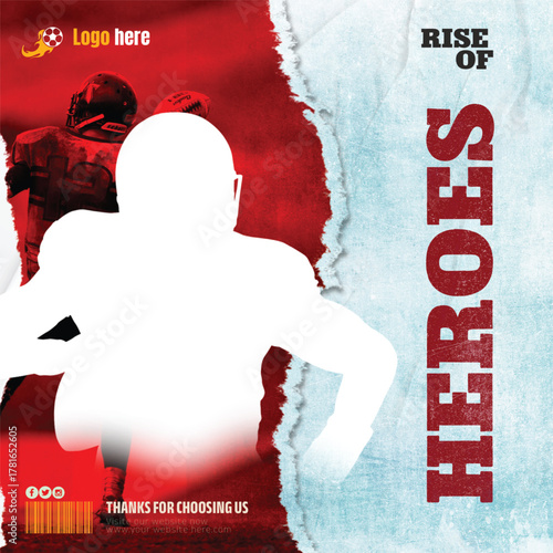 American football player in action with heroes text overlay
