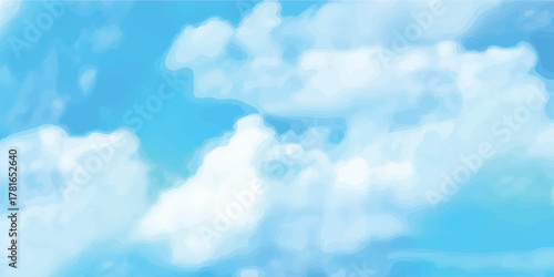 Soft cloudy sky vector background in abstract gradient style. White fluffy clouds on bright blue sky, perfect for website header, banner, wallpaper, or graphic design. Smooth pastel atmosphere art.