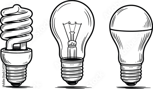 Light bulb comparison illustration, black and white bulb icons, CFL vs incandescent vs LED, stylized energy-efficient lighting, vintage filament graphic, modern bulb design