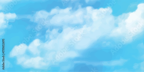 Soft cloudy sky vector background in abstract gradient style. White fluffy clouds on bright blue sky, perfect for website header, banner, wallpaper, or graphic design. Smooth pastel atmosphere art.