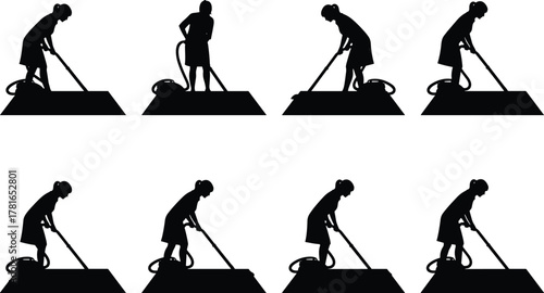 Silhouette of person vacuuming carpet, cleaning poses, black figure, household chore, vacuum cleaner motion, home maintenance, posture variation, domestic activity