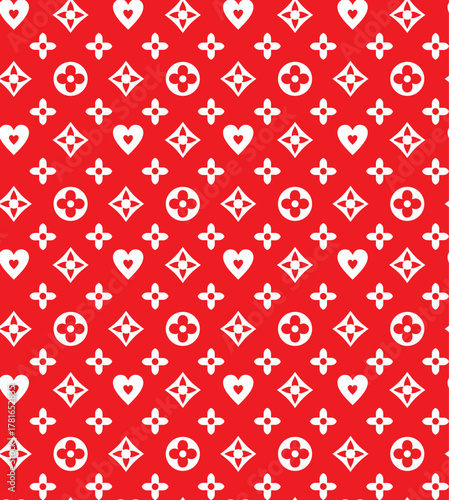Modern red monogram with white geometric and heart symbols, blending luxury and urban style for bold, sophisticated fashion and accessories