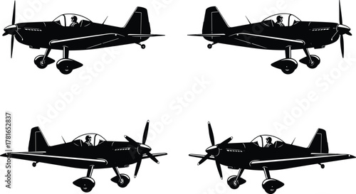 Silhouette of small propeller airplanes, pilot visible, aviation poses, aircraft side views, cockpit detail, landing gear, flight illustration, black aircraft design