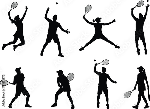 Silhouette of tennis players in action poses, racket motion, athletic stance, black figure, sports illustration, dynamic movement, serve and strike gestures