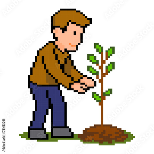 Pixel art boy planting tree for environment