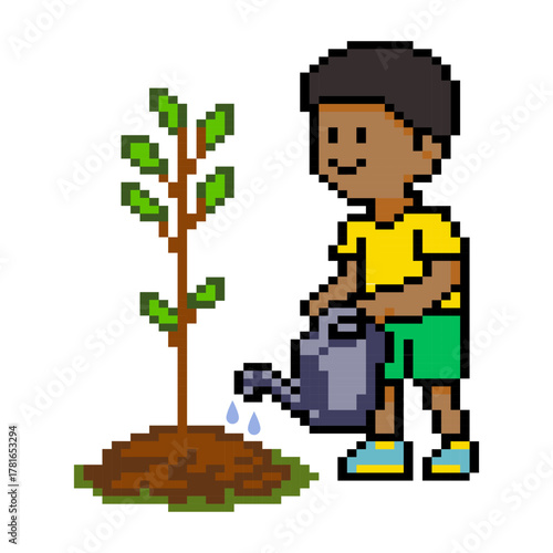Pixel art man watering plant tree