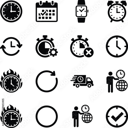 Time and delivery icon set, scheduling symbols, stopwatch, calendar, clock, alarm, refresh, logistics concept, black and white, vector pack