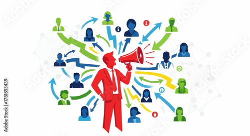 Man with Megaphone Spreading Information to Network of People.