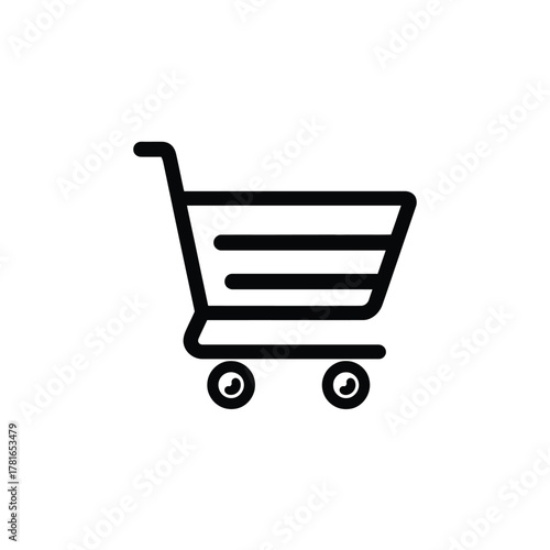 Black shopping cart icon with wheels on transparent background, isolated cart symbol
