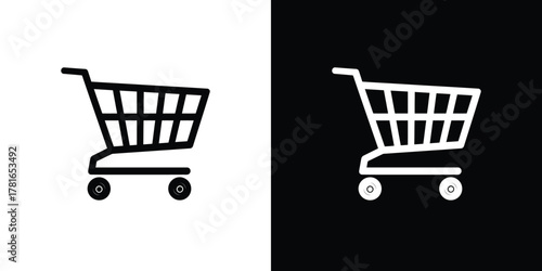 Black shopping cart outline on white next to white cart outline on black background