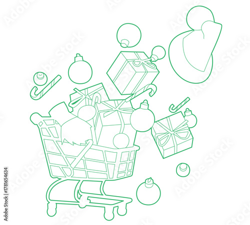 Overflowing shopping cart with holiday gifts and ornaments