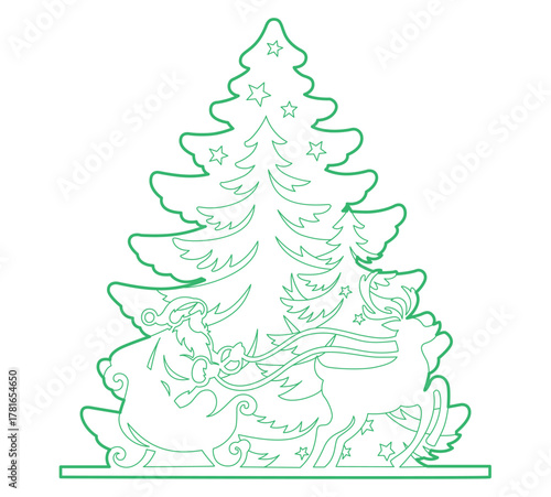 The image features a minimalist Christmas scene with a tree, reindeer