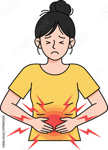 Cartoon, abdominal pain, stomach ache, digestive issue, health problem, person suffering, belly discomfort, medical symptom, painful cramps, upset stomach, illustration, vector