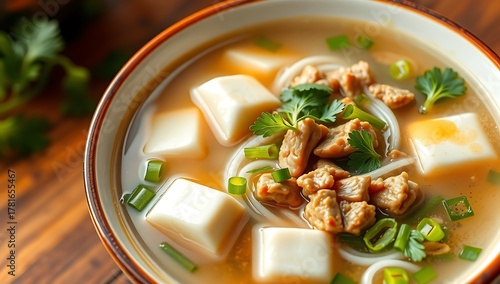 Thai Clear Broth with Tofu Cubes and Minced Pork – Ultra Realistic Food Photography
