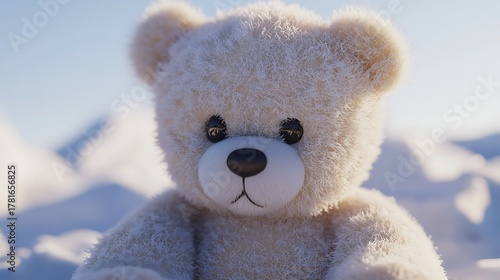 White Teddy Bear in Snowy Winter Landscape