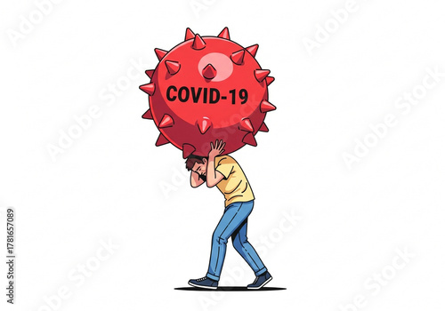 Man struggling under the immense weight of a giant COVID-19 virus symbolizing global pandemic burden and health crisis challenges