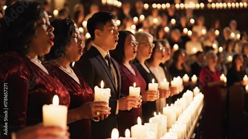 Diverse choir singing carols holding candles during a beautiful candlelight service.