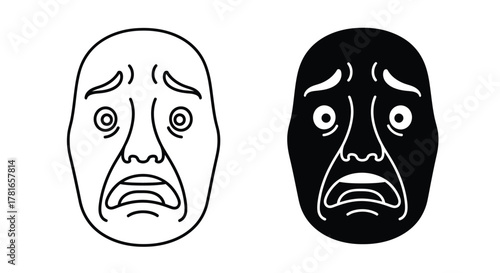 Two stylized Japanese Noh masks depicting fear and sorrow, one outlined and one solid black.